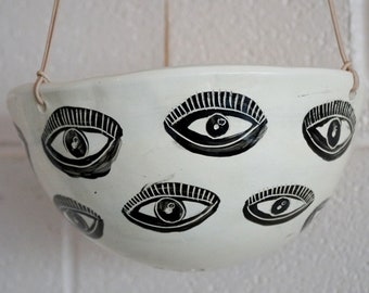 Large Black & White Glazed Hanging Planter w/  "Eye" Design - Plant Hanger - Hanging Basket - Indoor Garden - Plant Pot