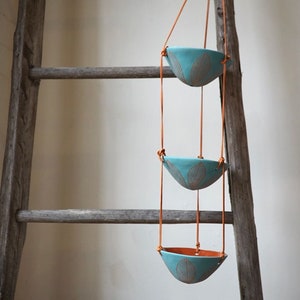 Aqua & Terracotta  3-Tiered Hanging Planter with Hand-carved "Leaf" Design / Triple Hanging Basket / Plant Hanger