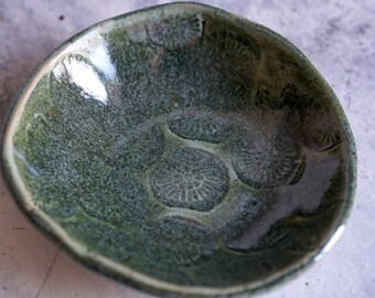 Glimmering Green Stamped Stoneware Bowl - Small Bowl - Stamped Dish - Catch-All - Jewelry Storage - Food Safe - Deco Green Glazed Bowl