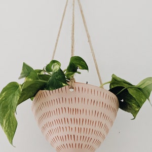Pink & Terracotta Hanging Planter w/ "Dash" Design - Hanging Pot with Carved Design - Succulent, Cactus, Herb, Air Plant, Etc - Housewarming