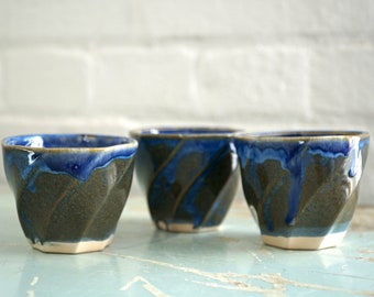 Faceted Blue Green Slip Cast Cup Set - Set of 3 Small Cups - Espresso, Tea, Juice Cup - Little Cup Set