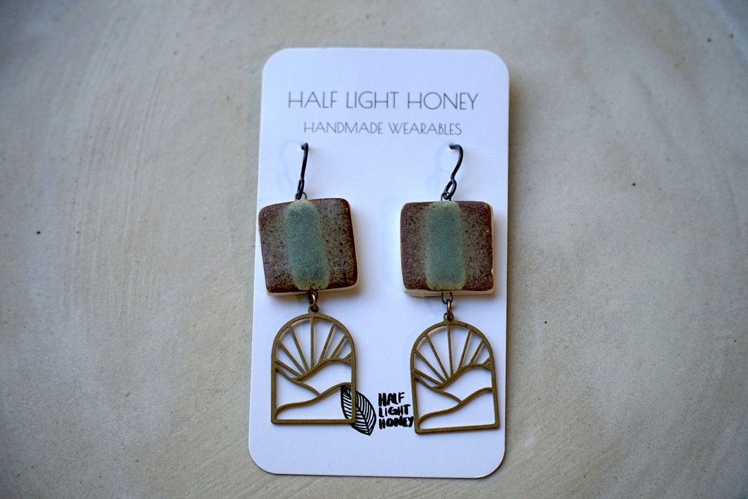 Mountain Arc Mixed Media Earrings Glazed Stoneware Dangle Earrings W