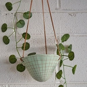 Light Green & Terracotta Hanging Planter w/ "Grid" Design - Hanging Pot with Carved Design - Succulent, Cactus, Herb, Air Plant, Etc