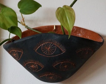 Black & Terracotta Wall Pocket Planter w/ "Eye" Design - Ceramic Wall Planter - Pottery - Succulent Pot - Houseplant - Planter