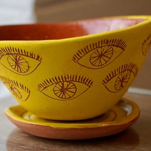 Bright Yellow & Terracotta Table Planter w/ "Eye" Design - Matching Tray - Succulent Planter - Housewarming - Propagating Pot