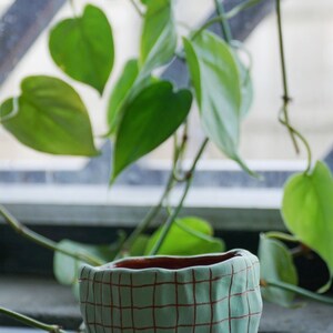 Light Green & Terracotta Mini Planter with Hand-carved Grid Design Succulent Planter Cactus Pot Housewarming Dorm image 3