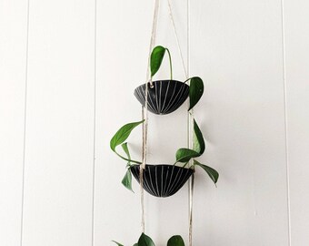 Black & White 3-Tiered Hanging Planter with hand-carved "Vertical" surface design- triple hanging planter