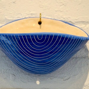 Blue & White Glazed Wall Pocket Planter w/ "Arc" Design - Ceramic Wall Planter - Pottery - Succulent Pot - Houseplant - Planter