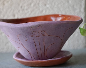 Jardinière de table violet et terre cuite avec motif « chaton » - jardinière succulente - petit pot de plante - jardinière de multiplication - pendaison de crémaillère