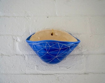 Blue & White Wall Pocket Planter w/ "Geotriangle" Design / Ceramic Wall Planter / Pottery / Succulent Pot / Houseplant / Planter / Wall Art