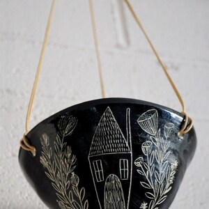 Glazed Black & White Hanging Planter w/ "Folk Home" Design - Hanging Pot with Carved Design - Glazed - Succulent, Cactus, Herb, Air Plant