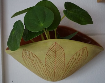 Chartreuse  & Terracotta Wall Pocket Planter hand carved w/ "Leaf" Design - Ceramic Wall Planter - Pottery - Succulent Pot - Houseplant