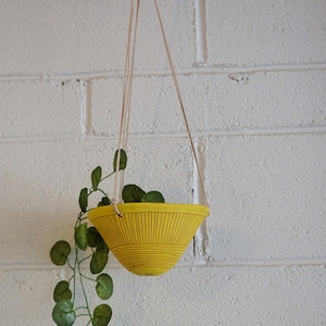 Bright Yellow & Terracotta Hanging Planter w/ Directional Line Design Hanging Pot with Carvings Succulent, Cactus, Herb, Air Plant image 6