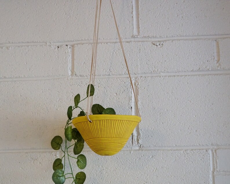 Bright Yellow & Terracotta Hanging Planter w/ Directional Line Design Hanging Pot with Carvings Succulent, Cactus, Herb, Air Plant image 6