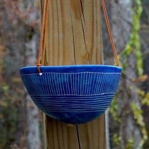 Large Blue & White Ceramic Hanging Planter |  Hand-Carved Earthenware Pot with Directional Line Design and Drainage