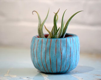 Aqua & Terracotta Mini Planter with Hand-Carved "Vertical Line" Design - Succulent Planter - Cactus Pot - Housewarming