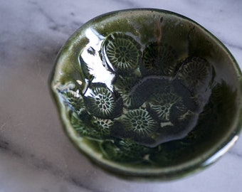 Glimmering Green Stamped Stoneware Bowl - Small Bowl - Stamped Dish - Catch-All - Jewelry Storage - Food Safe - Deco Green Glazed Bowl