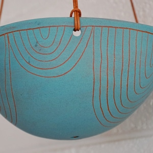 Large Aqua & Terracotta  Hanging Planter w/ Hand-Carved "Arc" Design - Plant Hanger - Hanging Basket - Indoor Garden