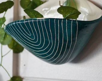 ARC - 7x4" Wide Wall Pocket Planter - Glazed Teal & White Clay