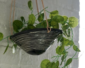 Black & White Mini Hanging Planter w/ "Horizon line" Design - Small Hanging Pot with Carved Design - Propagating, Starter Pot, Air Plant Pot