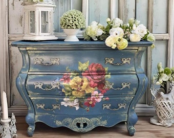 Blue Red Floral Bombe Chest | Bombe Entry Console | French Country Decor | Furniture Art | Farmhouse Cottage Bombe | Accent Console Chest