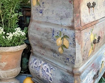 Tuscan Inspired Bombe Chest | Old World Furniture | Rustic Aged Farmhouse Chest | Lemon Tile Art Inspired Chest | console Table | buffet