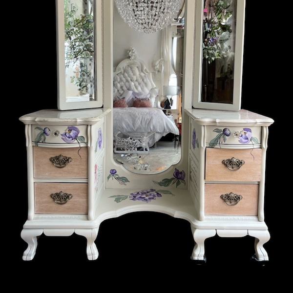 Hand Painted Drexel Heritage Vanity with Lavender and Pink Floral designs with natural oak drawers | Sold Example of Work Do Not Purchase