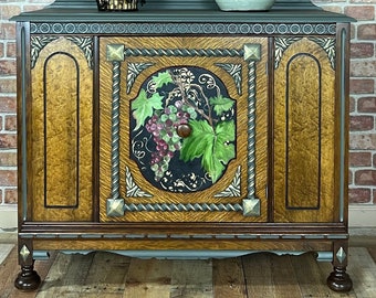 Jacobean Small Buffet with Handpainted Vinyard Themed Mural | Wine Cellar Decor | Dish Cabinet | Liquor Cabinet | Dining Furniture