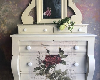 Antique White Floral Chest | Sold, Do not purchase, custom orders upon request  | Vintage Painted Decoupage Dresser Mirror | Farmhouse Decor