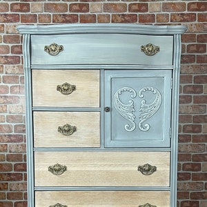 Lexington Victorian Sampler Vintage Oak Painted Tall Chest | Whitewashed and Natural Oak Furniture | Farmhouse Cottage Decor | Neutral Decor