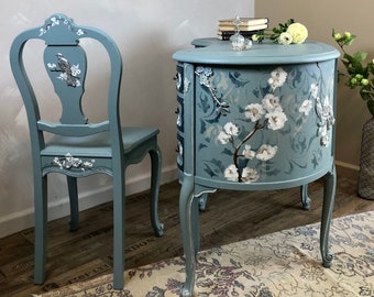 French Provencial Kidney Shaped Desk / Romantic Floral Blue White Vanity | Popular Design, sold, contact me to create a similar one for you