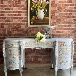 Vintage Vanity | Painted Lace and Floral Chintz Vanity | Painted Desk | Sold, do not purchase, contact shop for a custom piece
