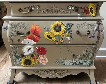 Bombe' Chest | Sunflower and Poppy Painted Bombe' Chest |  Colorful Floral Artist Painted Dresser | Accent Chest | Sunroom Furniture