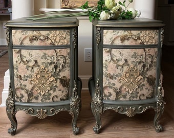 Vintage French Side Tables | Country French Decor | Gold Guilded Pink Brocade Tables | Sold Do Not Purchase | Contact Shop Owner for Yours