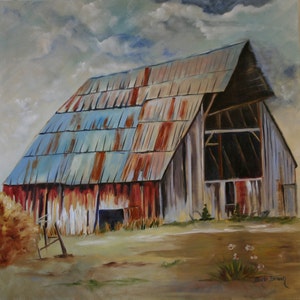 Barn ART | Farmhouse Decor | Prints And Custom orders available | Canvas Art | Blue Gray Rust Barn Painting