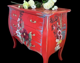 Red Floral Peacock Art Bohemian Bombe’ | French Red Asian Bombe Chest | Buffet | Console Table | Red Bombe | Artisan Bombay