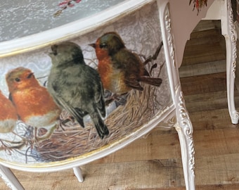 French Provincial Kidney Shaped Aviary Themed Vanity Desk | Sold Do Not Purchase | Whimsical Robin Themed Desk | Bird Lovers Vanity Desk