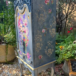 Gift for Her Blue Jewelry Armoire | Elegant Hand-painted Floral Damask Gold Accents Jewelry Organizer | Keepsake Storage | Free Shipping