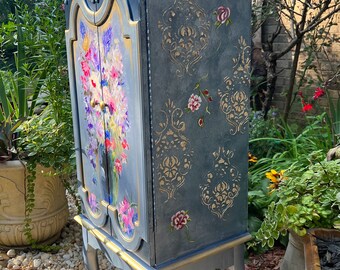 Gift for Her Blue Jewelry Armoire | Elegant Hand-painted Floral Damask Gold Accents Jewelry Organizer | Keepsake Storage | Free Shipping