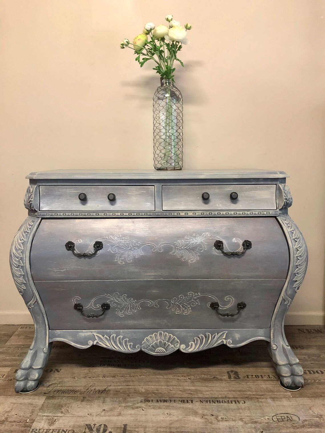 Sold Metallic Painted Furniture Gray Bombe Dresser Etsy