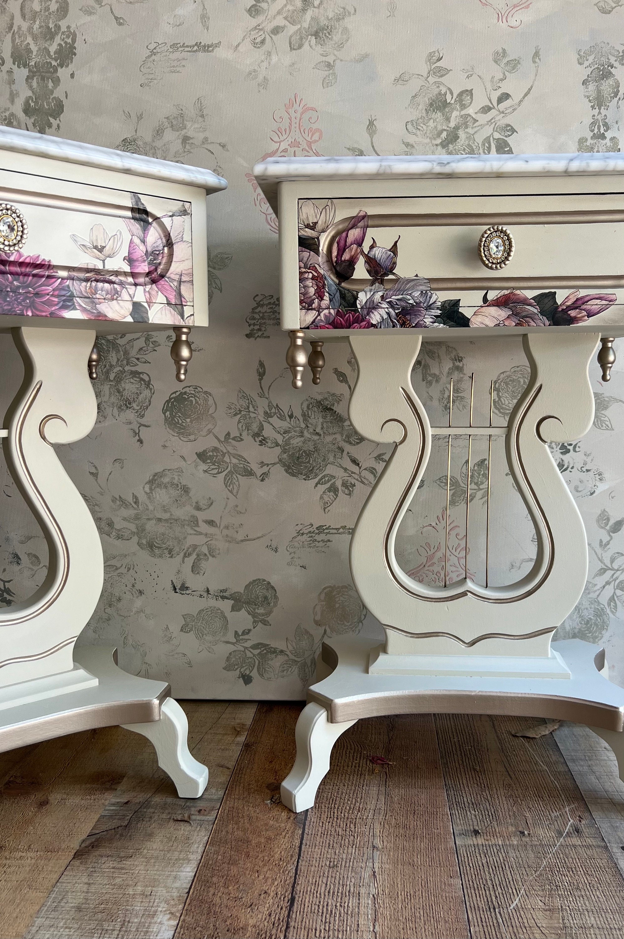 Harpc Table Vintage Cream Floral Painted Harp Tables White Marble Tops Victorian ...