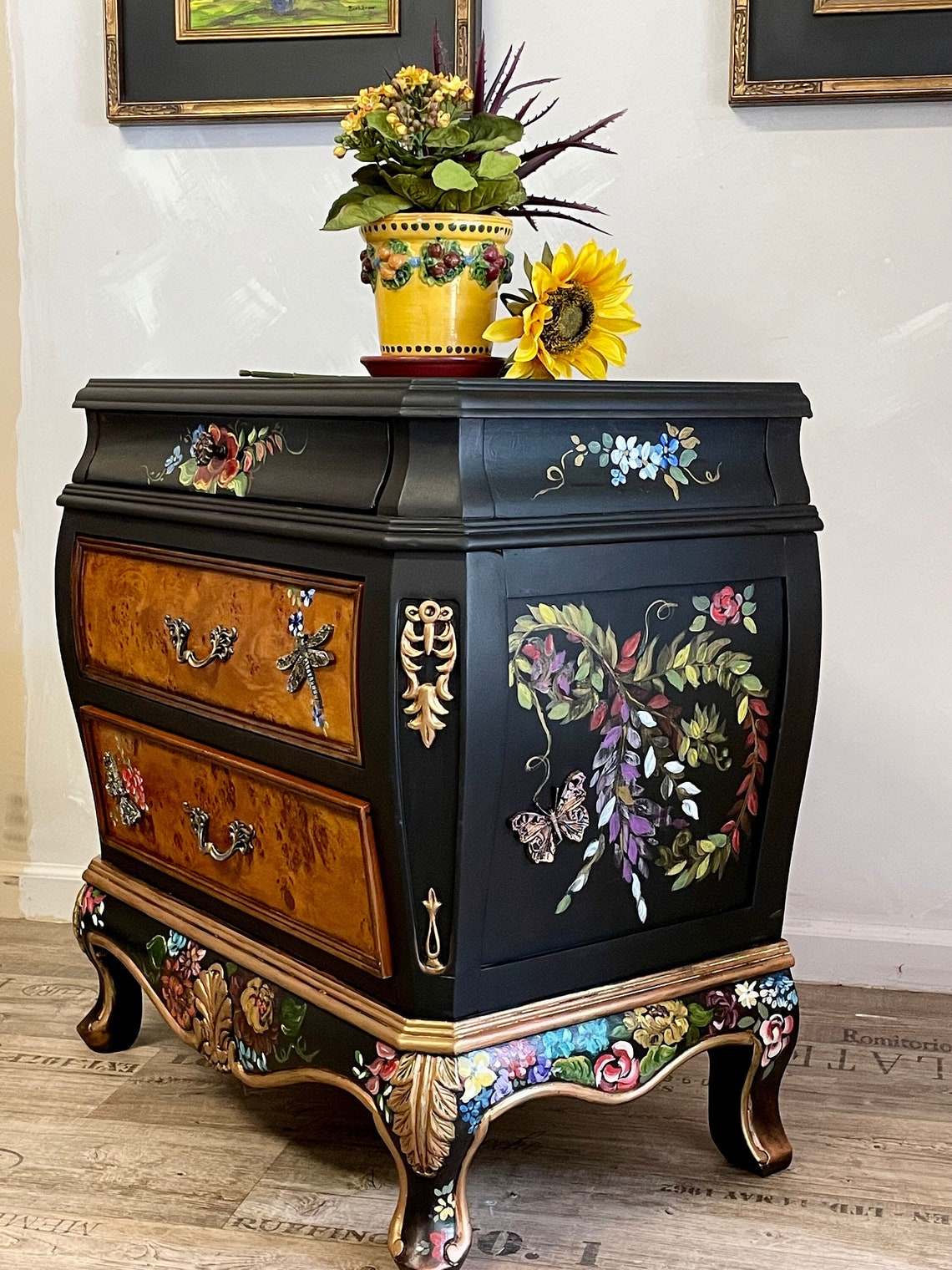 Chestdresser Black Floral Bombe Chest French Bombe Chest Etsy