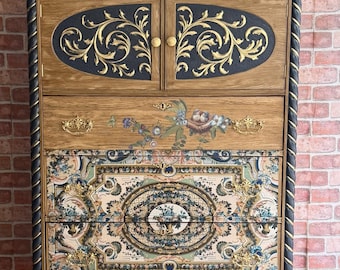 Hand Painted French Chest of Drawers | Luxury Blue & Gold Dresser | European Chateau Furniture | One of a Kind Statement Piece