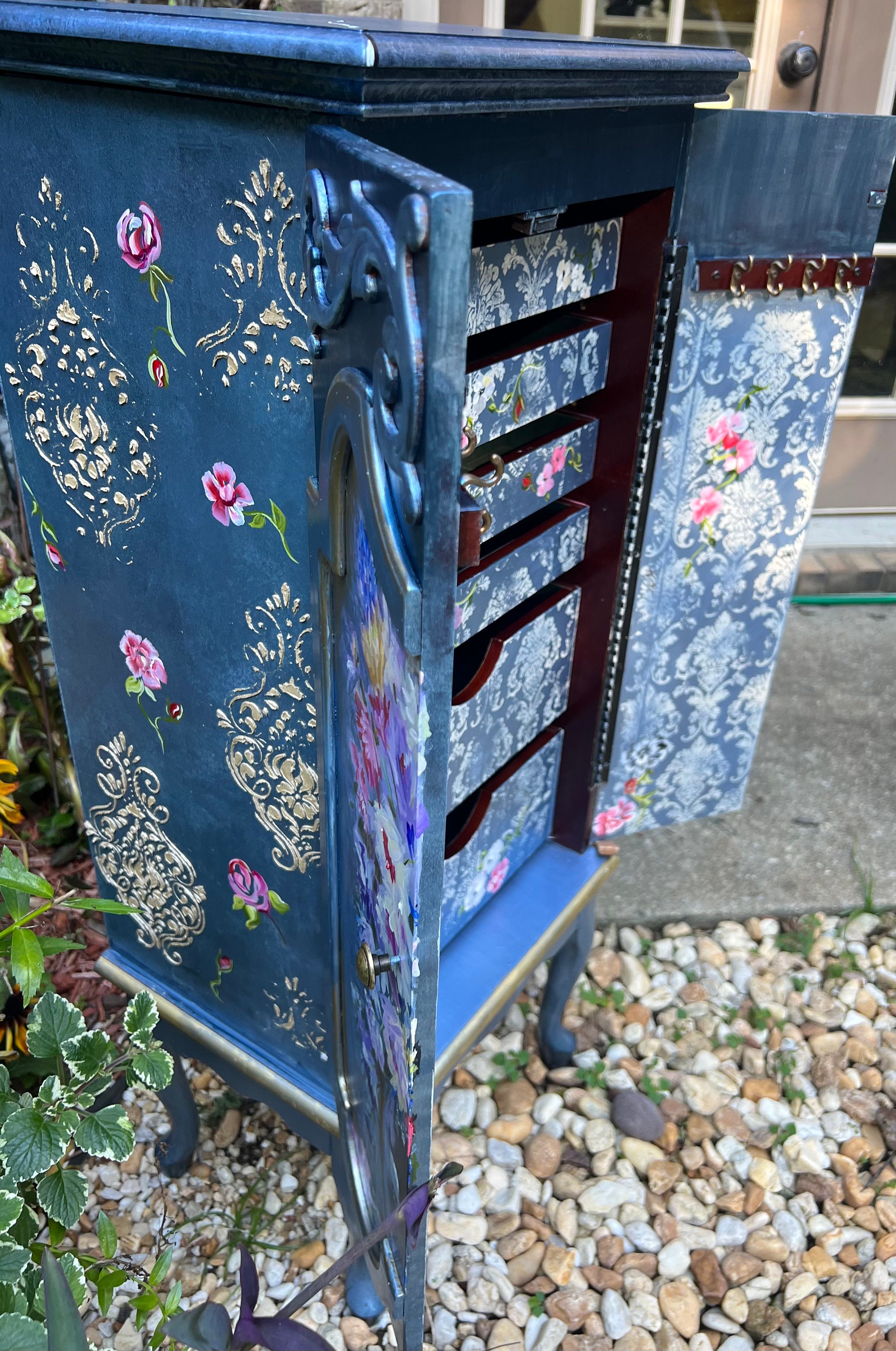 Metallic Blue Jewelry Armoire Elegant Handpainted Floral Damask Gold