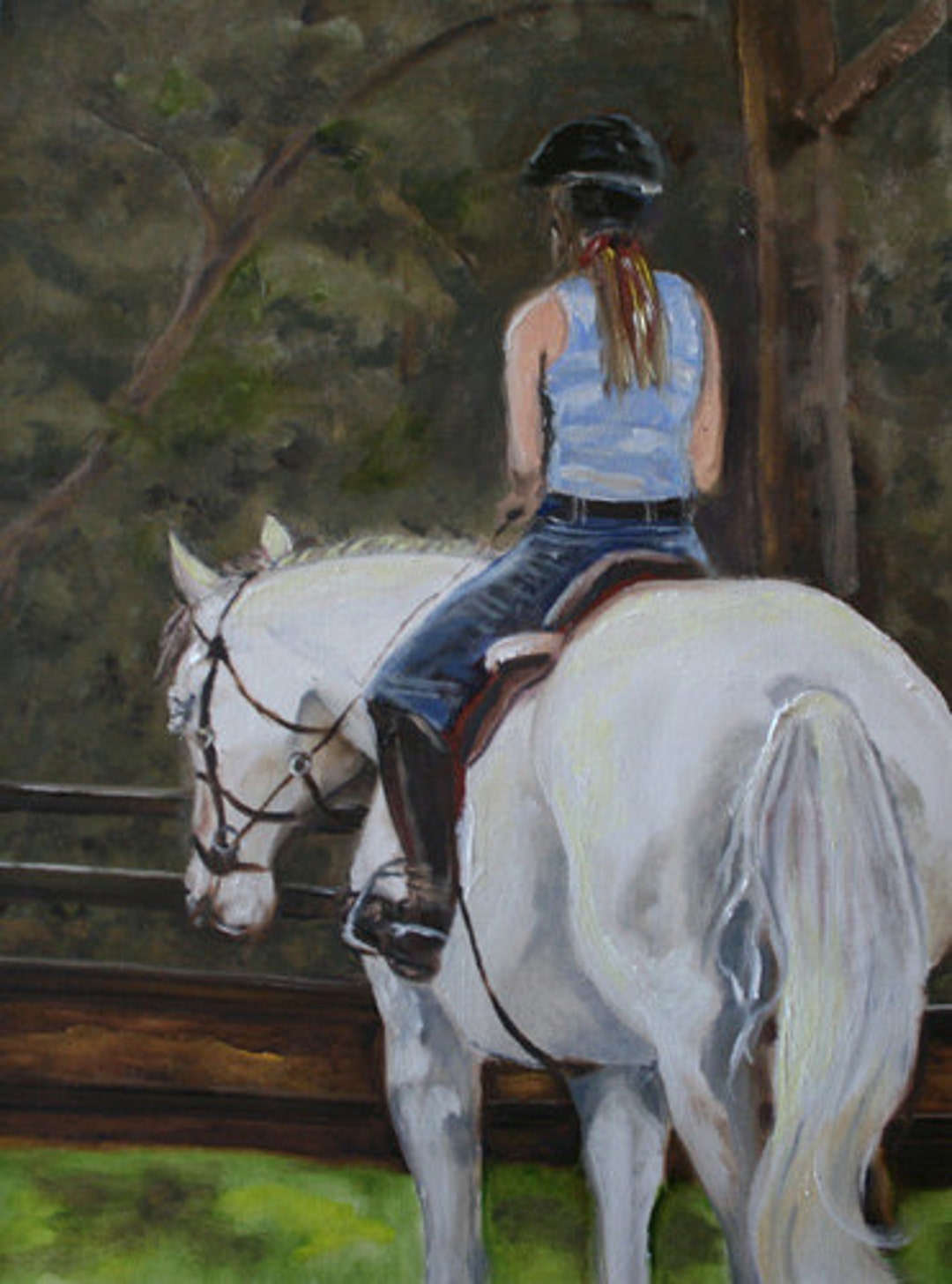 Equine Art White Horse and Female Rider, 18in X 24in., Custom Portrait ...