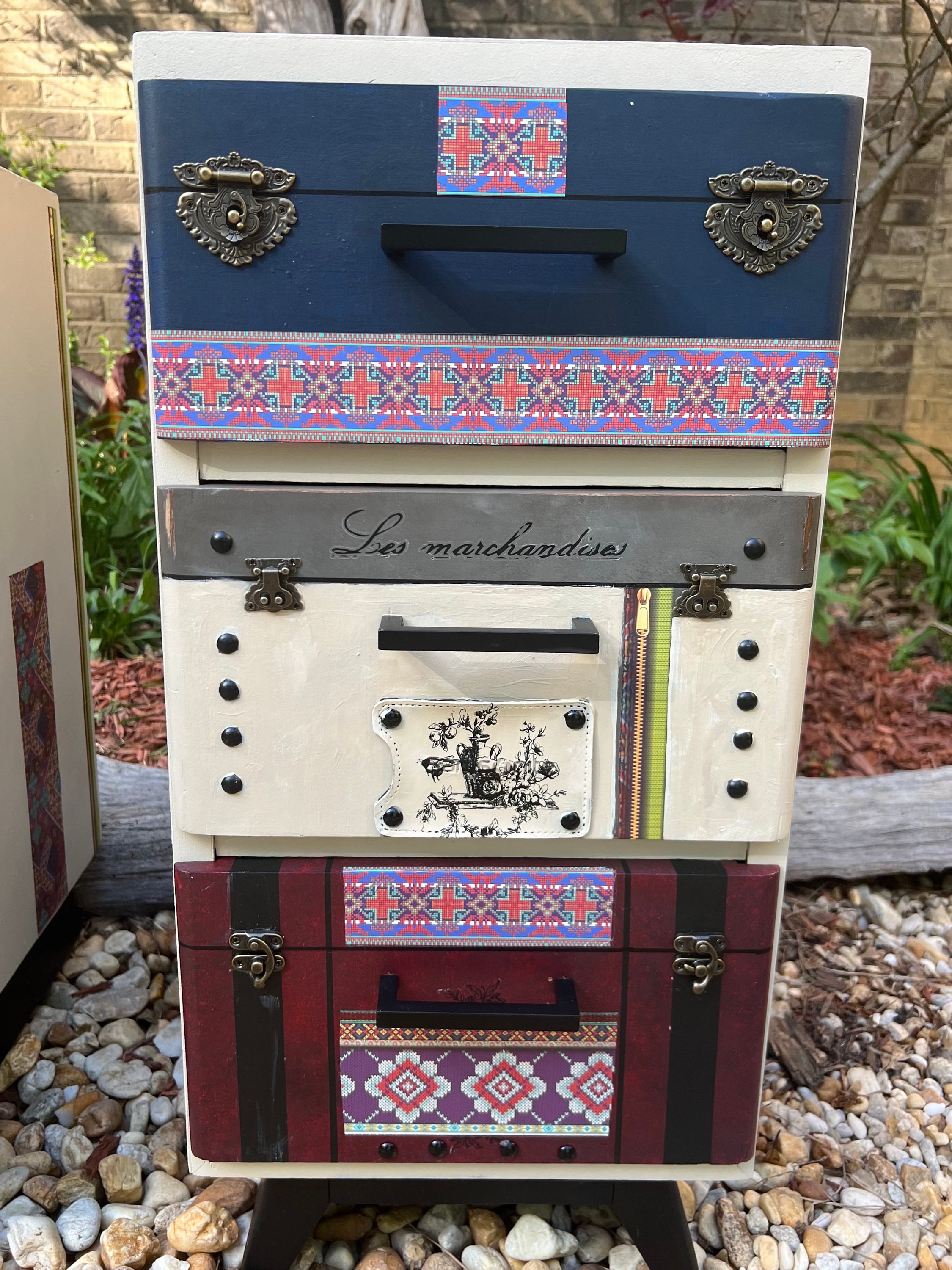 Novelty Vintage Suitcase Themed Sidetables Whimsical Colorful French