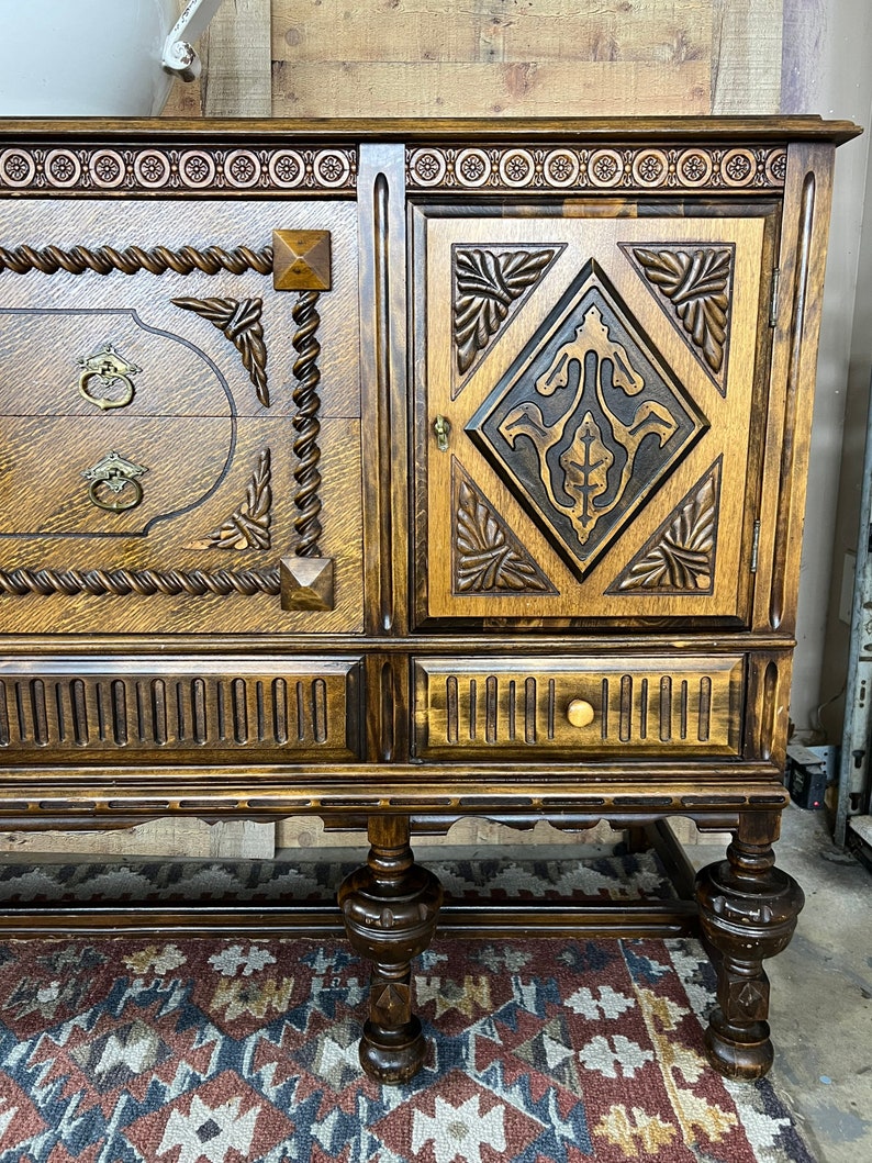 Vintage Oak Sideboard Buffet 1920's Renaissance Architecture Buffet