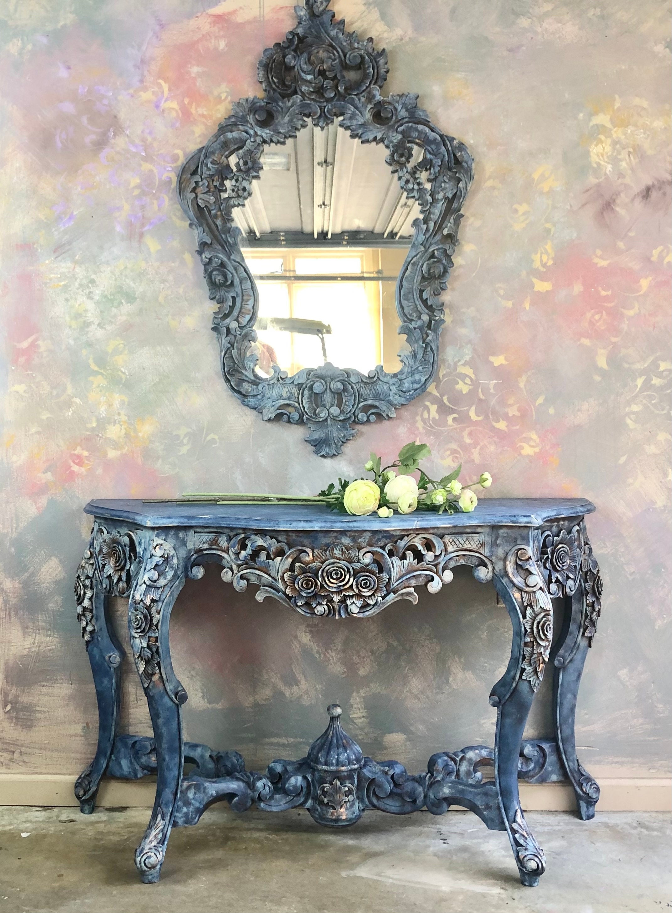 Italianate Ornate Carved Console Table and Mirror Hand Painted Blue Textured Entryway Table Faux Stone and Marble Dimilune Console Etsy