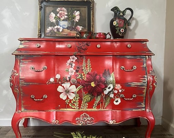 Red Floral Peacock Art Bohemian Bombe’ | French Red Asian Bombe Chest | Buffet | Console Table | Sold, contact me to create one for you