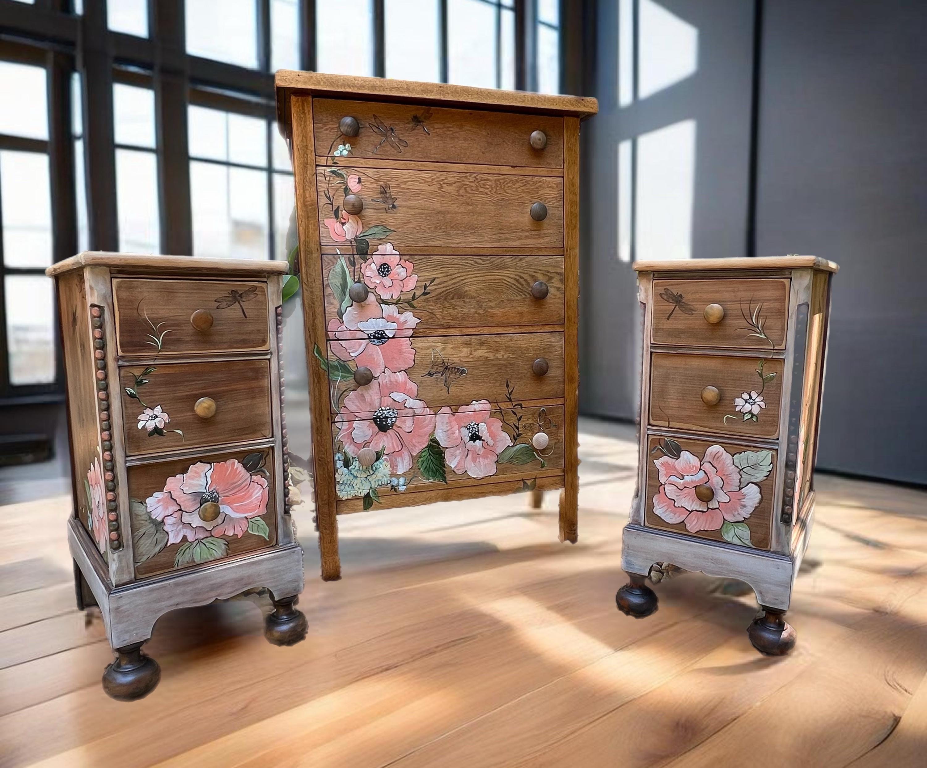 Rustic Chest Side Table Hand-painted Floral Oak Chest & Side Tables | Rustic Artist Furniture ...